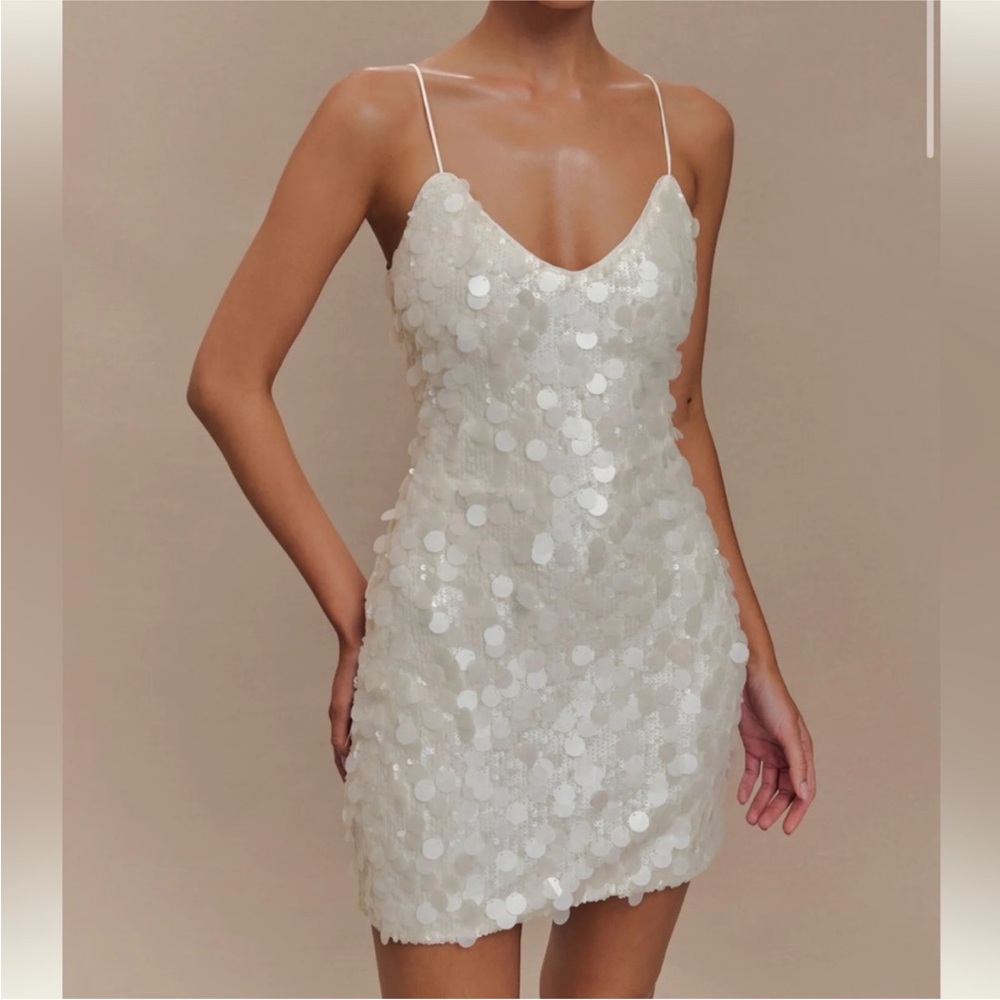 Meshki Ivory Sequin Spaghetti-Strap Mini Dress